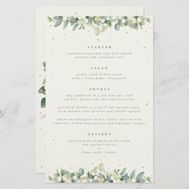 Cream Snowberry + Eucalyptus 4 Course Wedding Menu (Front/Back)