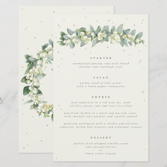 Cream Snowberry + Eucalyptus 4 Course Wedding Menu (Front/Back)