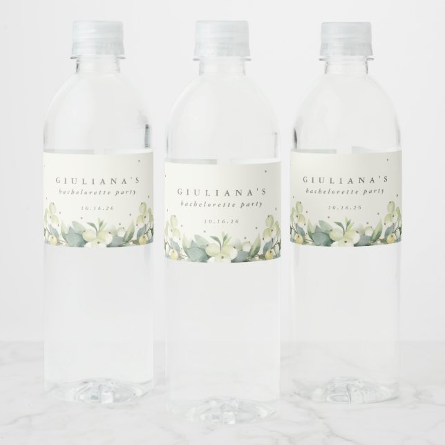 Cream Snowberry+Eucalyptus Bachelorette/Shower Water Bottle Label (Bottles)