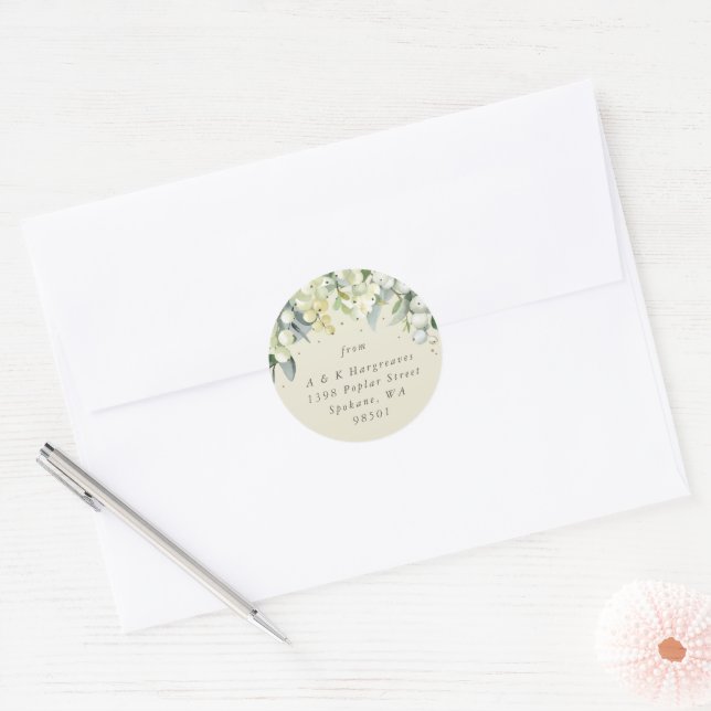 Cream Snowberry+Eucalyptus Christmas Address Classic Round Sticker (Envelope)