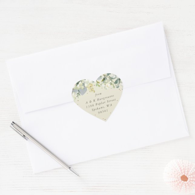 Cream Snowberry+Eucalyptus Christmas Address Heart Sticker (Envelope)