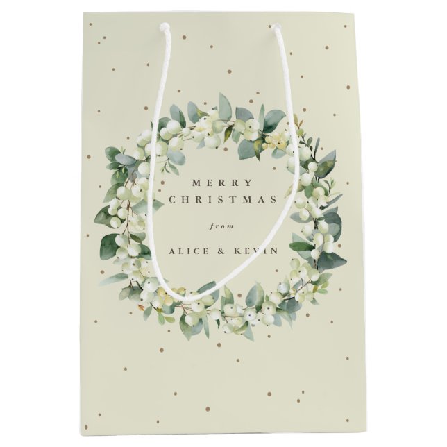 Cream Snowberry+Eucalyptus Christmas/Holiday Medium Gift Bag (Front)