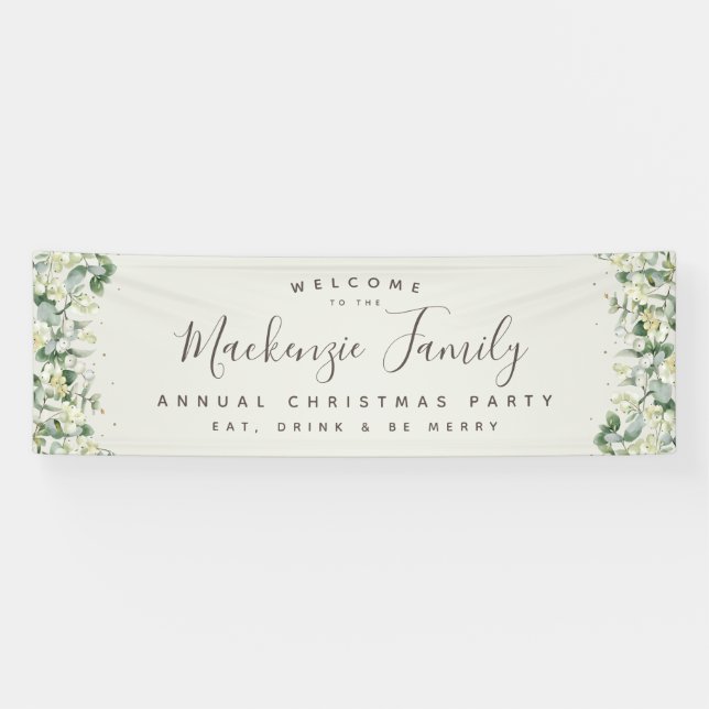 Cream Snowberry+Eucalyptus Christmas Holiday Party Banner (Horizontal)