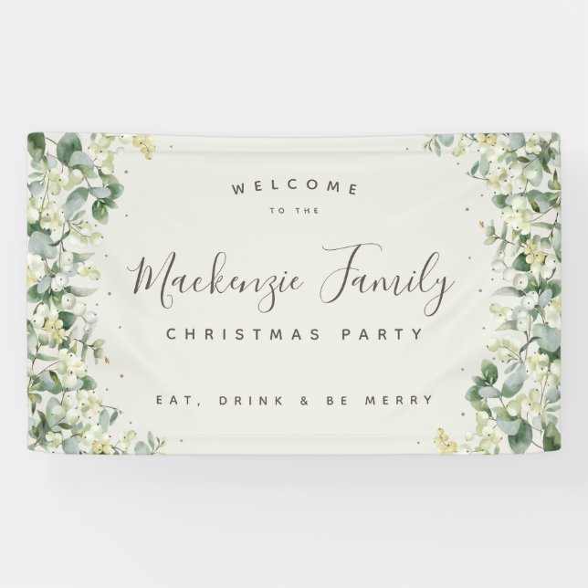 Cream Snowberry+Eucalyptus Christmas Holiday Party Banner (Horizontal)