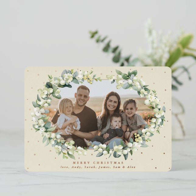 Cream Snowberry + Eucalyptus Christmas Photo Foil Holiday Card (Standing Front)