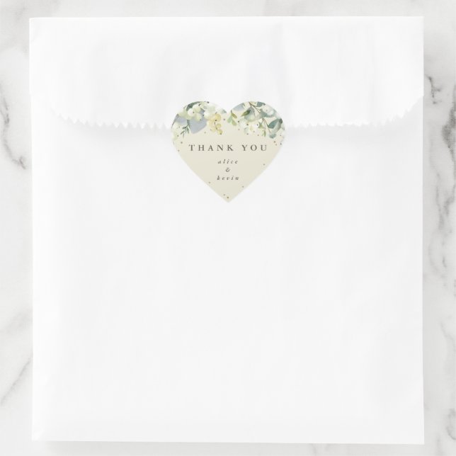 Cream Snowberry+Eucalyptus Christmas Thank You Heart Sticker (Bag)