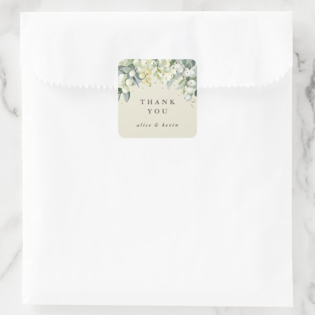 Cream Snowberry+Eucalyptus Christmas Thank You Square Sticker (Bag)