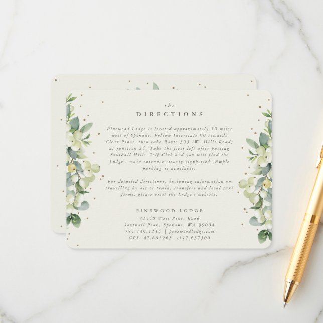 Cream Snowberry+Eucalyptus Edged Directions Enclosure Card (Front/Back In Situ)