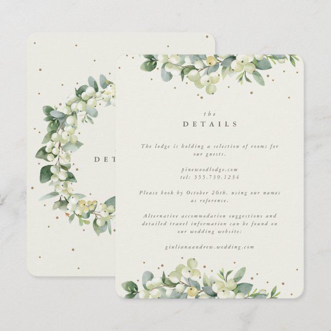 Cream Snowberry+Eucalyptus Edged Wedding Details Enclosure Card (Front/Back)