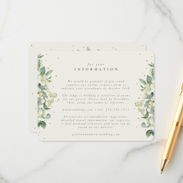 Cream Snowberry+Eucalyptus Edged Wedding Info Enclosure Card (Front/Back In Situ)