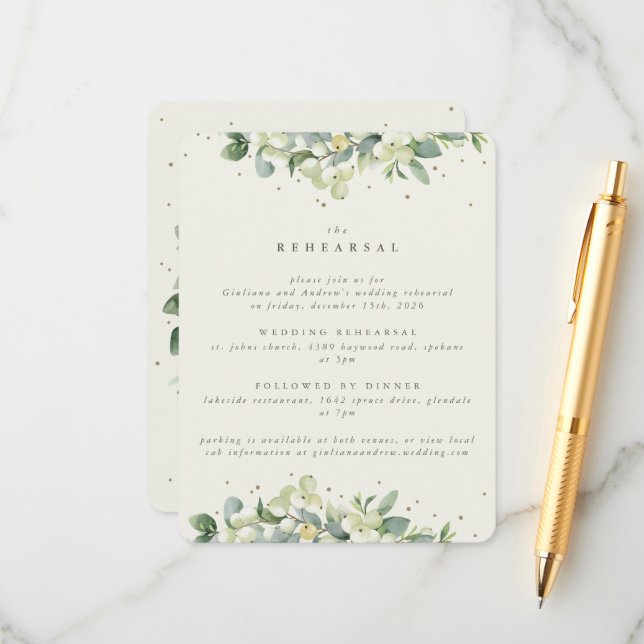 Cream Snowberry+Eucalyptus Edged Wedding Rehearsal Enclosure Card (Front/Back In Situ)