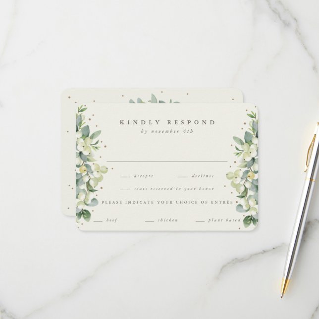 Cream Snowberry+Eucalyptus Edged Winter Wedding RSVP Card (Front/Back In Situ)