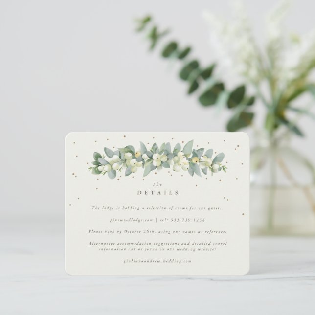 Cream Snowberry+Eucalyptus Garland Wedding Details Enclosure Card (Standing Front)