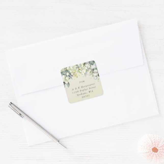 Cream Snowberry+Eucalyptus Holiday Address Classic Square Sticker (Envelope)