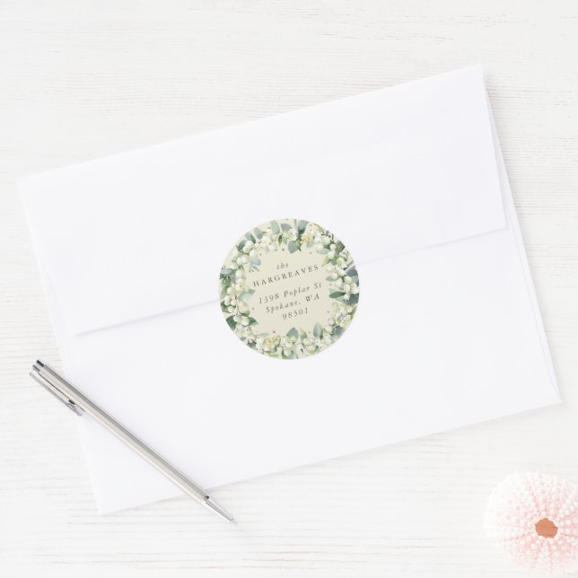 Cream Snowberry+Eucalyptus Holiday Wreath Address Classic Round Sticker (Envelope)