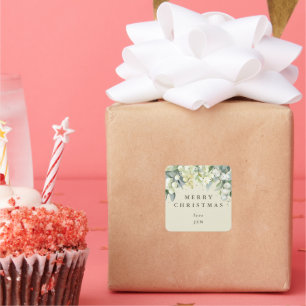 Cream Snowberry+Eucalyptus Merry Christmas/Custom Square Sticker