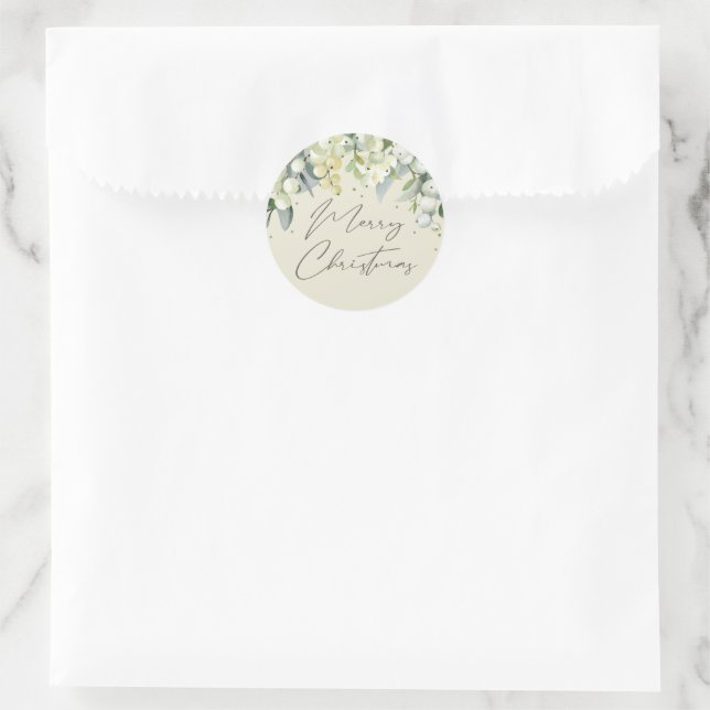Cream Snowberry+Eucalyptus Merry Christmas Holiday Classic Round Sticker (Bag)
