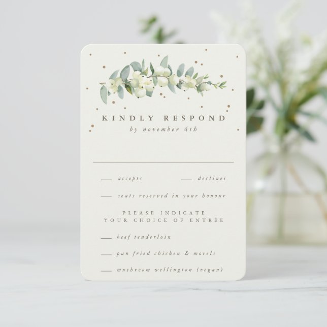 Cream Snowberry+Eucalyptus Stem Wedding RSVP Card (Standing Front)