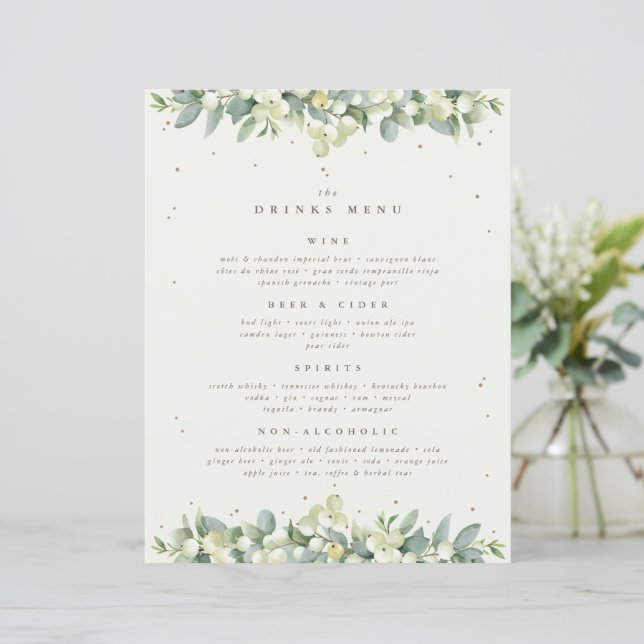 Cream Snowberry+Eucalyptus Wedding Drinks/Bar Menu (Standing Front)