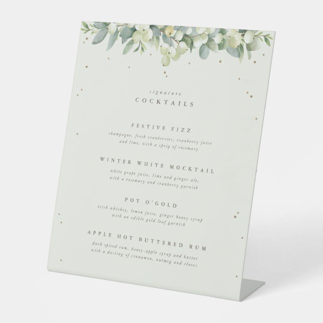 Cream Snowberry+Eucalyptus Wedding Drinks Menu Pedestal Sign (Front)