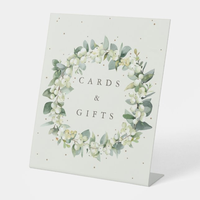 Cream Snowberry+Eucalyptus Wedding Gifts + Cards Pedestal Sign (Front)