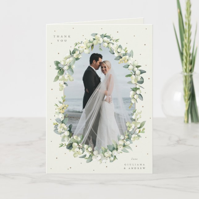Cream Snowberry+Eucalyptus Wedding Photo Folded Thank You Card (Front)