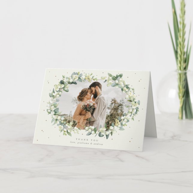 Cream Snowberry+Eucalyptus Wedding Photo Thank You Card (Front)