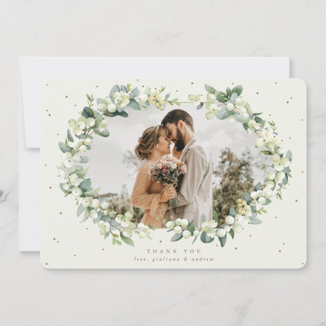 Cream Snowberry+Eucalyptus Wedding Photo Thank You Card (Front)