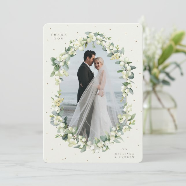 Cream Snowberry+Eucalyptus Wedding Photo Thank You Card (Standing Front)