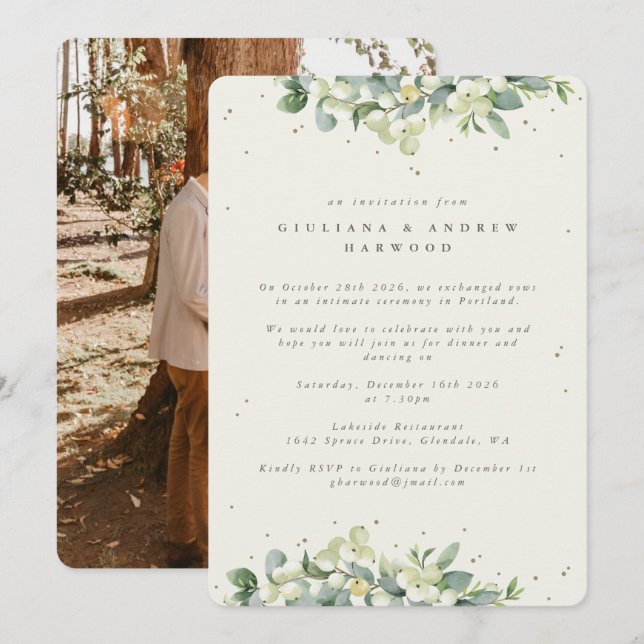 Cream Snowberry+Eucalyptus Wedding Reception Photo Invitation (Front/Back)