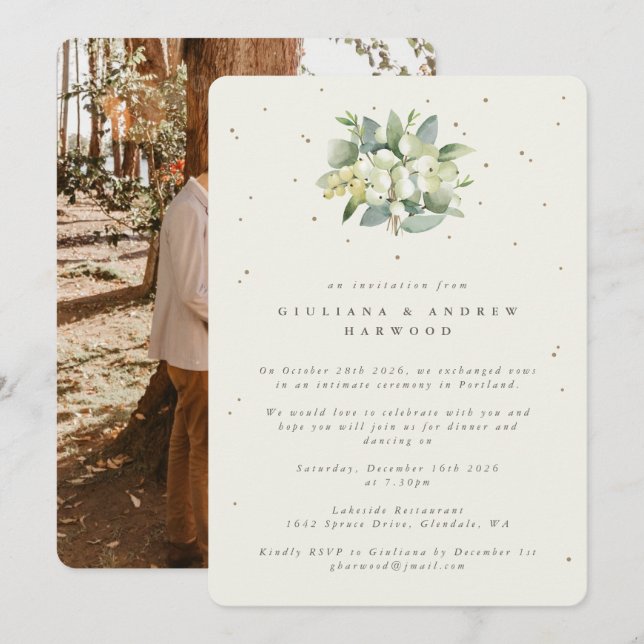 Cream Snowberry+Eucalyptus Wedding Reception Photo Invitation (Front/Back)