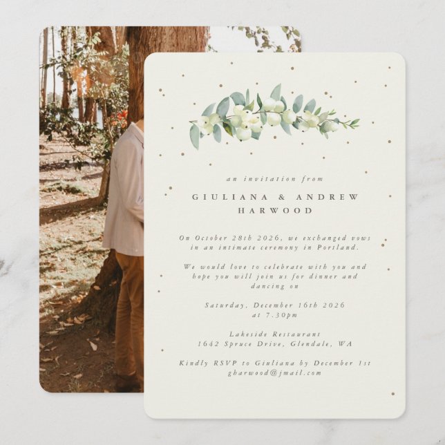 Cream Snowberry+Eucalyptus Wedding Reception Photo Invitation (Front/Back)