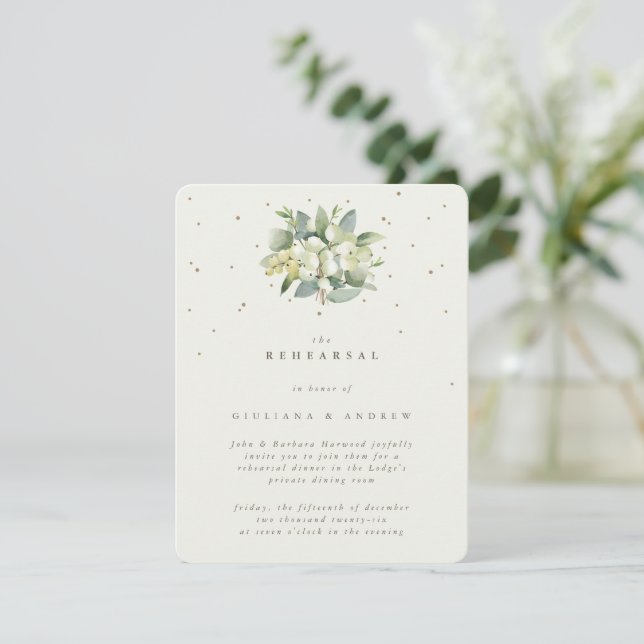 Cream Snowberry+Eucalyptus Wedding Rehearsal Enclosure Card (Standing Front)