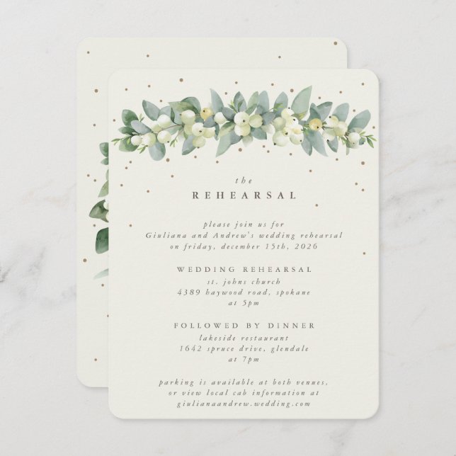 Cream Snowberry+Eucalyptus Wedding Rehearsal Enclosure Card (Front/Back)