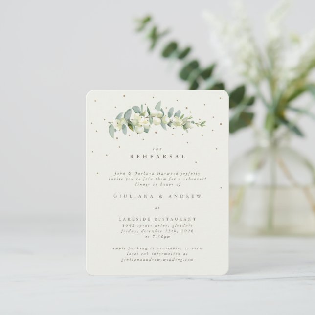 Cream Snowberry+Eucalyptus Wedding Rehearsal Enclosure Card (Standing Front)