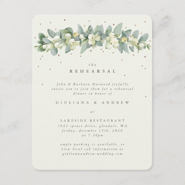 Cream Snowberry+Eucalyptus Wedding Rehearsal Enclosure Card (Front)