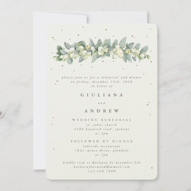 Cream Snowberry+Eucalyptus Wedding Rehearsal Invitation (Front)