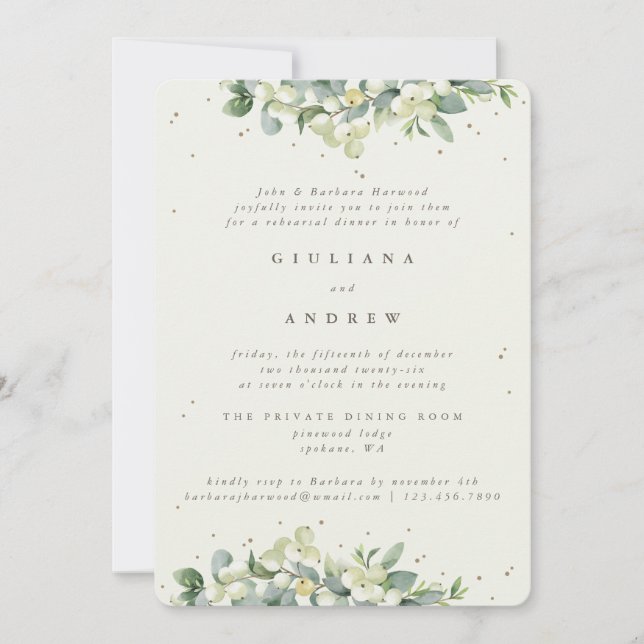 Cream Snowberry+Eucalyptus Wedding Rehearsal Invitation (Front)