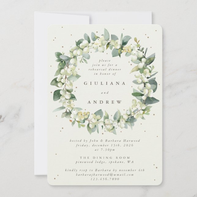 Cream Snowberry+Eucalyptus Wedding Rehearsal Invitation (Front)