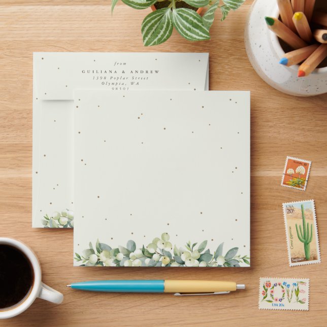 Cream Snowberry+Eucalyptus Wedding Square Envelope (Desk)