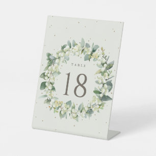 Cream Snowberry + Eucalyptus Wedding Table Number Pedestal Sign
