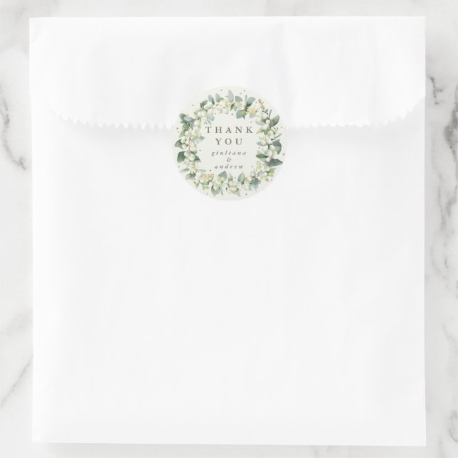 Cream Snowberry+Eucalyptus Wedding Thank You Classic Round Sticker (Bag)