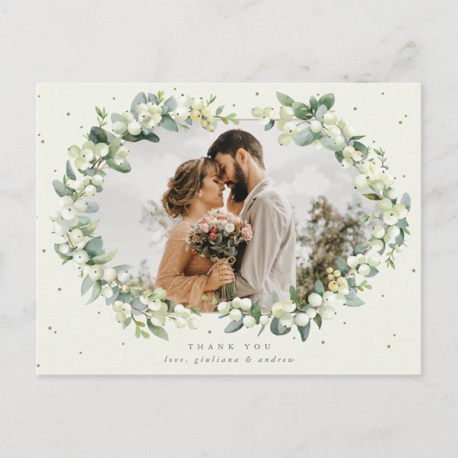 Cream Snowberry+Eucalyptus Wedding Thank You Photo Postcard (Front)
