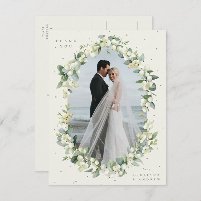 Cream Snowberry+Eucalyptus Wedding Thank You Photo Postcard (Front/Back)