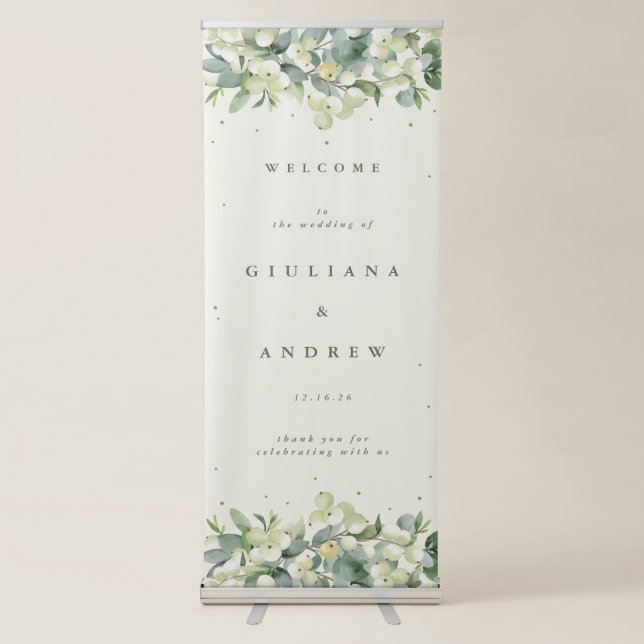 Cream Snowberry+Eucalyptus Wedding Welcome Retractable Banner (Front)