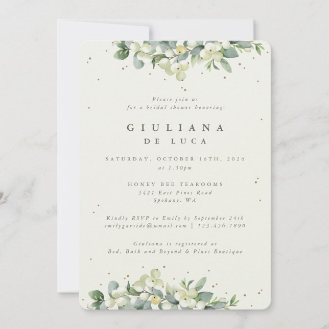 Cream Snowberry+Eucalyptus Winter Bridal Shower Invitation (Front)