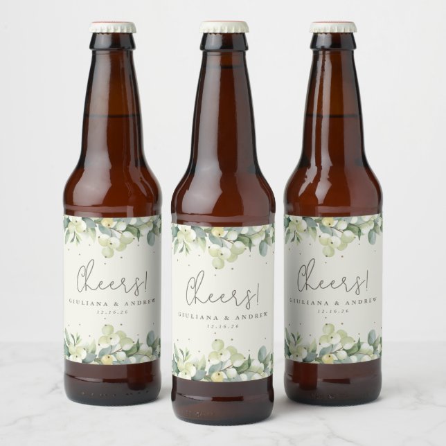 Cream Snowberry+Eucalyptus Winter Wedding Beer Bottle Label (Bottles)