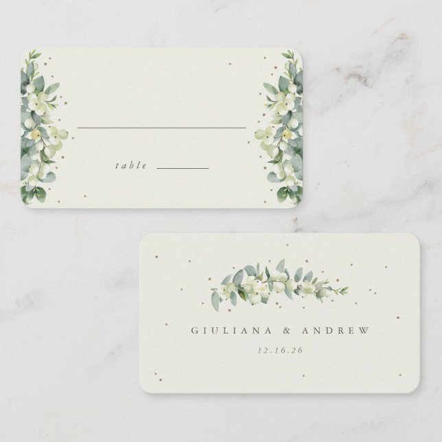 Cream Snowberry+Eucalyptus Winter Wedding Flat Place Card (Front/Back)