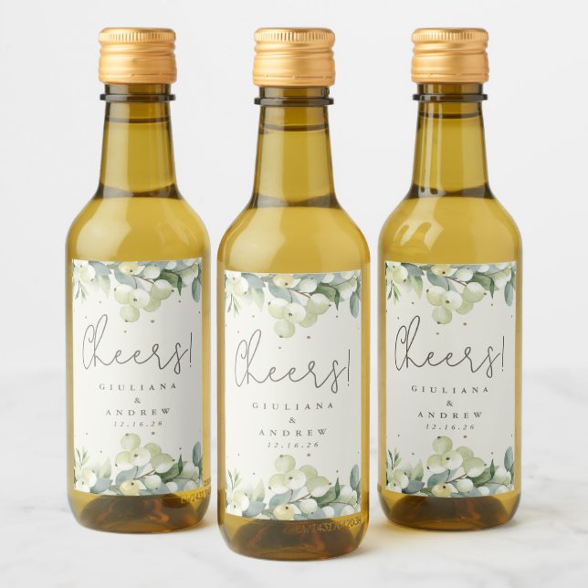 Cream Snowberry+Eucalyptus Winter Wedding Mini Wine Label (Bottles)