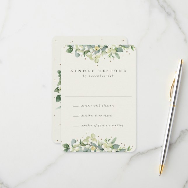 Cream Snowberry+Eucalyptus Winter Wedding RSVP Card (Front/Back In Situ)